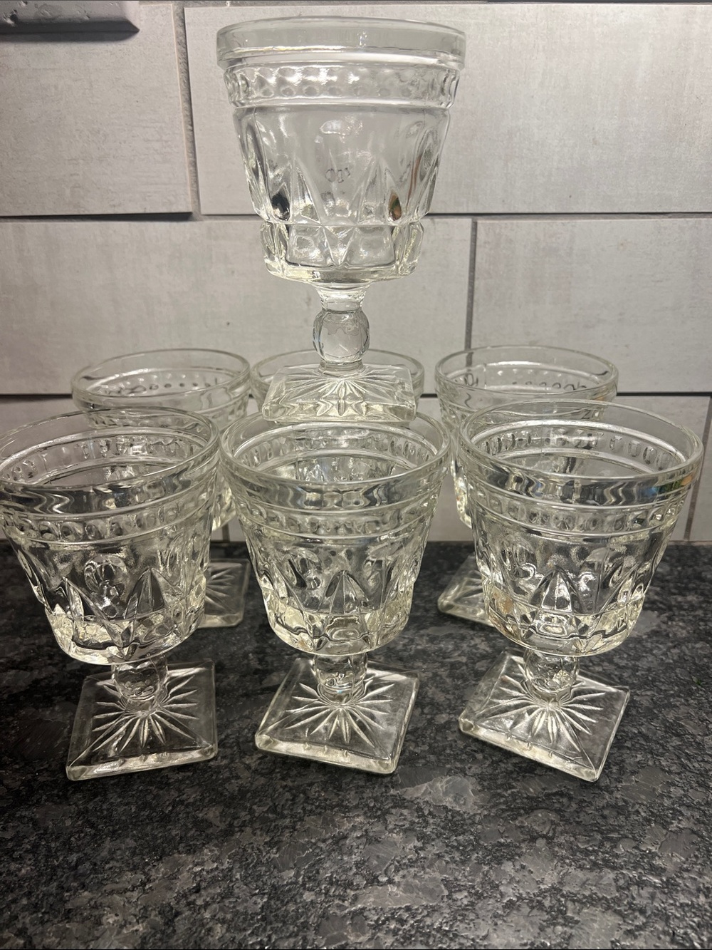 Vintage INDIANA GLASS COLONY PARK Clear  Pressed Glass Goblet Set of 7.